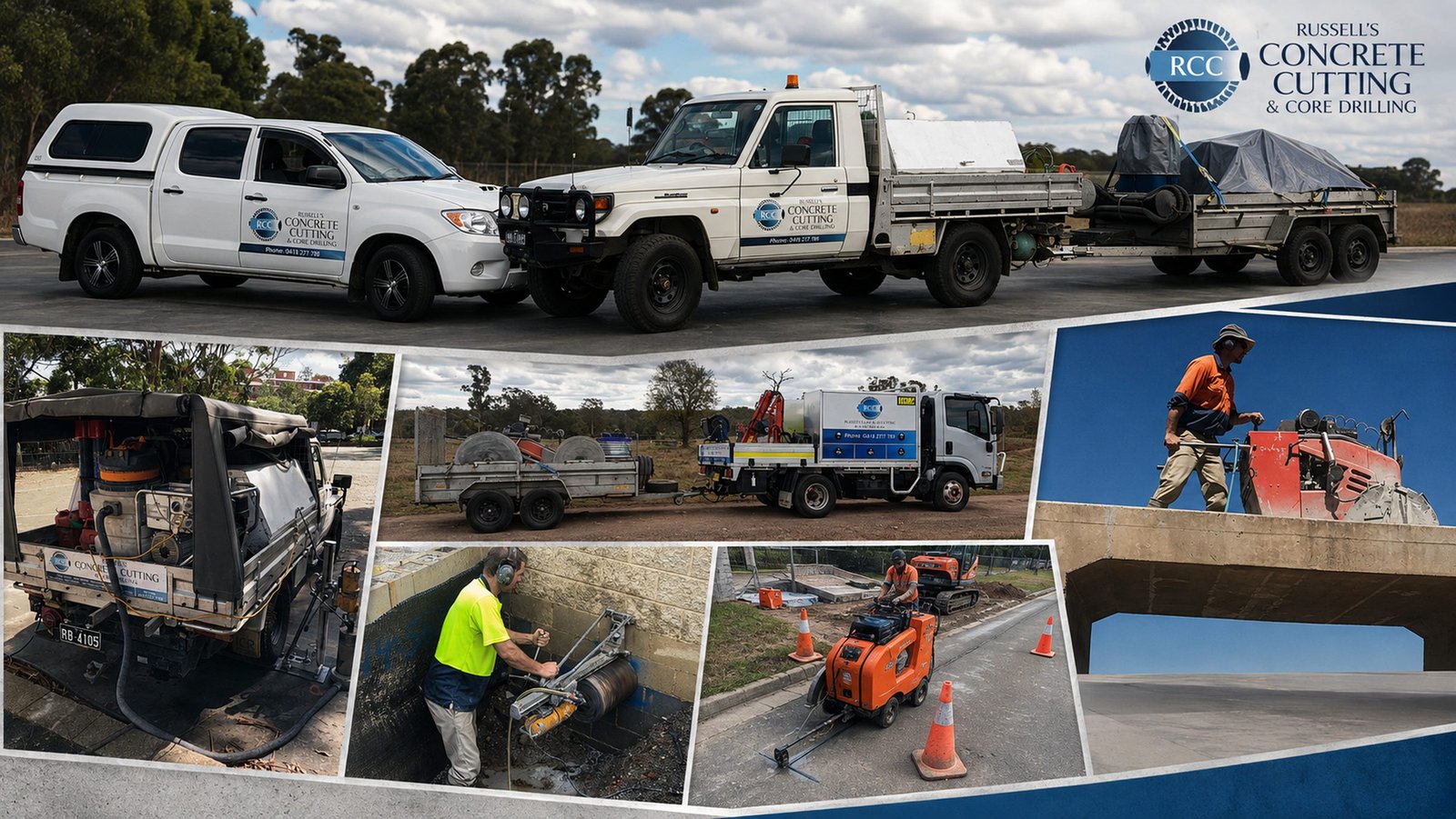 Russell's Concrete Cutting and Core Drilling signwritten utes, tipper truck and road saw on site